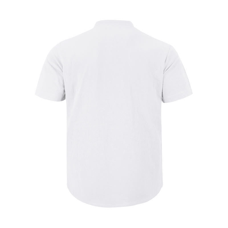 Camicia da uomo in lino con maniche corte e bottoni a metà lunghezza, tinta unita, motivo Buddha Stones - image 9