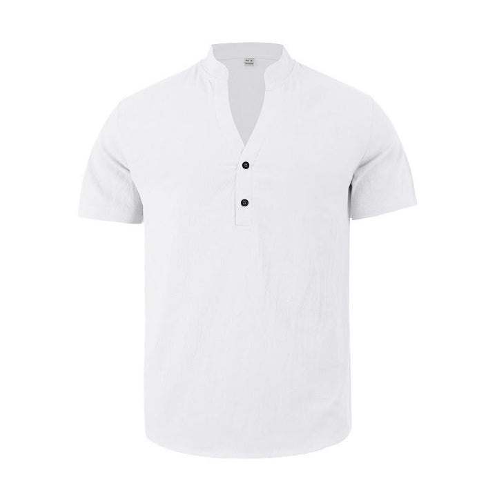 Camicia da uomo in lino con maniche corte e bottoni a metà lunghezza, tinta unita, motivo Buddha Stones - image 7
