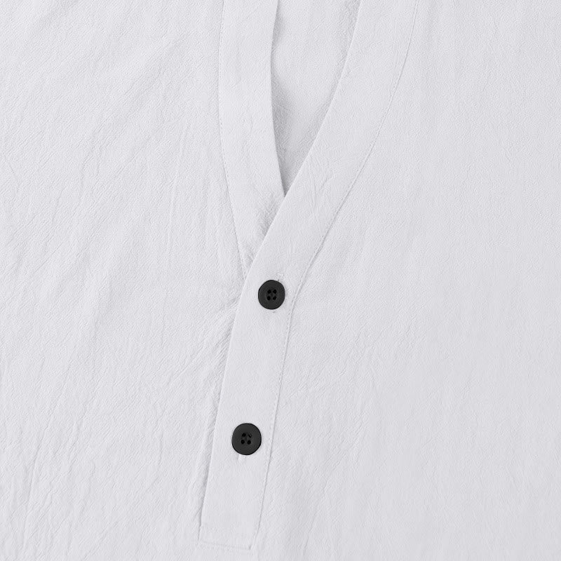 Camicia da uomo in lino con maniche corte e bottoni a metà lunghezza, tinta unita, motivo Buddha Stones - image 9