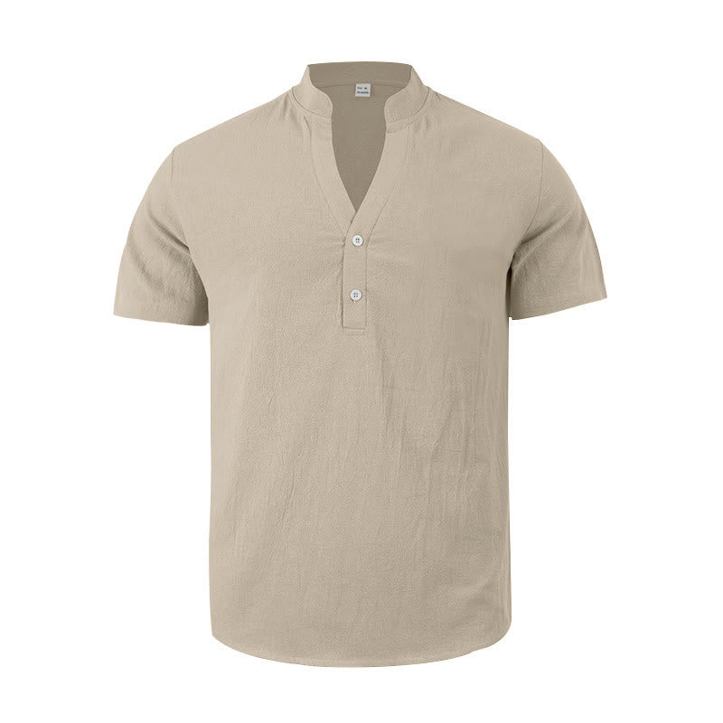 Camicia da uomo in lino con maniche corte e bottoni a metà lunghezza, tinta unita, motivo Buddha Stones - image 14