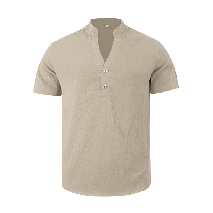 Camicia da uomo in lino con maniche corte e bottoni a metà lunghezza, tinta unita, motivo Buddha Stones - image 14