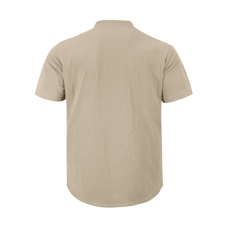 Camicia da uomo in lino con maniche corte e bottoni a metà lunghezza, tinta unita, motivo Buddha Stones - image 14