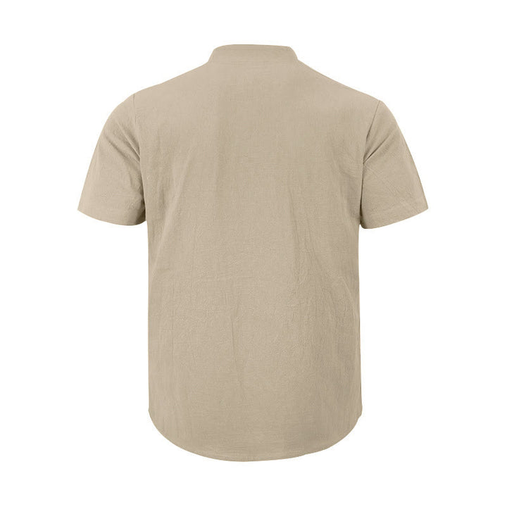 Camicia da uomo in lino con maniche corte e bottoni a metà lunghezza, tinta unita, motivo Buddha Stones - image 14