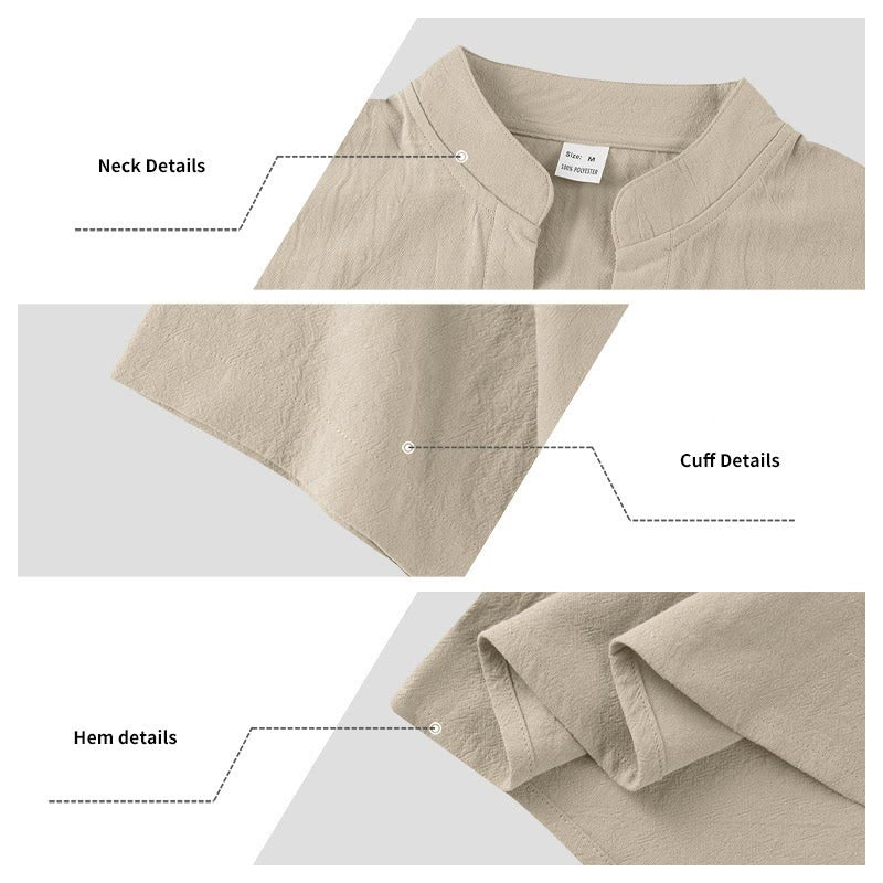 Camicia da uomo in lino con maniche corte e bottoni a metà lunghezza, tinta unita, motivo Buddha Stones - image 17