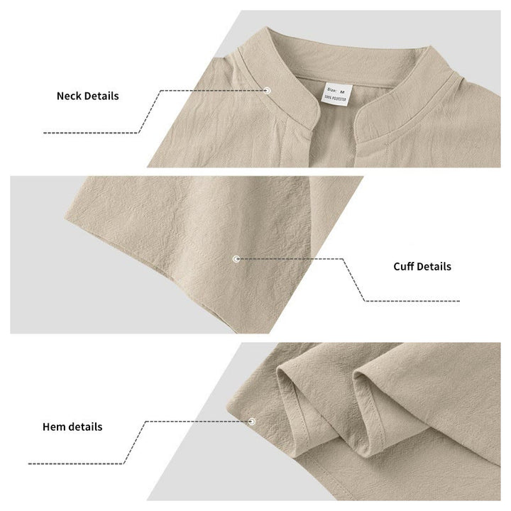 Camicia da uomo in lino con maniche corte e bottoni a metà lunghezza, tinta unita, motivo Buddha Stones - image 17