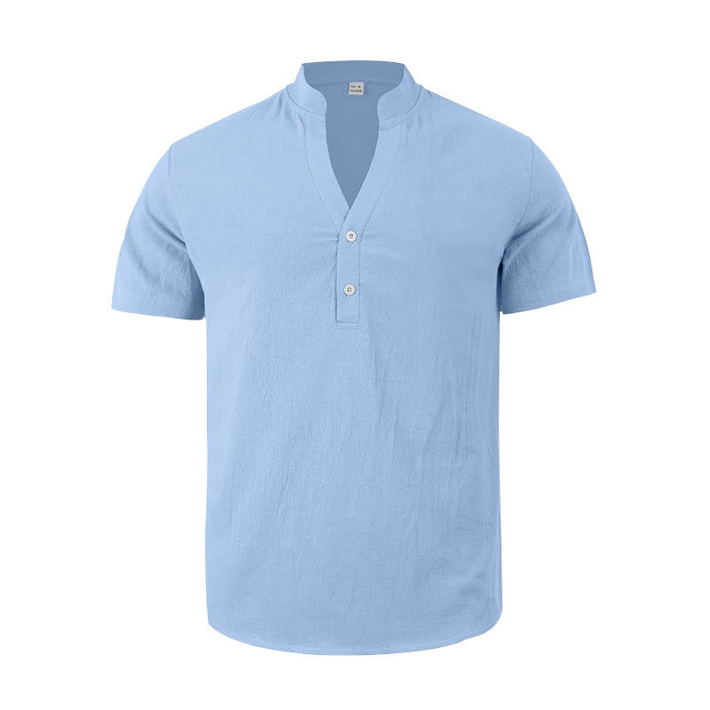 Camicia da uomo in lino con maniche corte e bottoni a metà lunghezza, tinta unita, motivo Buddha Stones - image 20