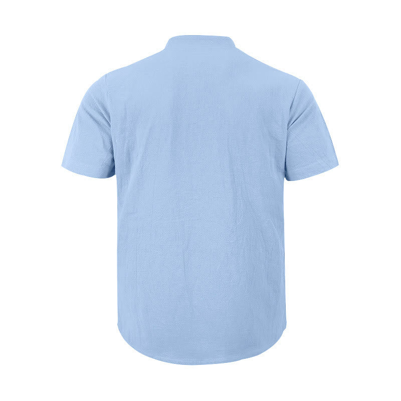 Camicia da uomo in lino con maniche corte e bottoni a metà lunghezza, tinta unita, motivo Buddha Stones - image 21