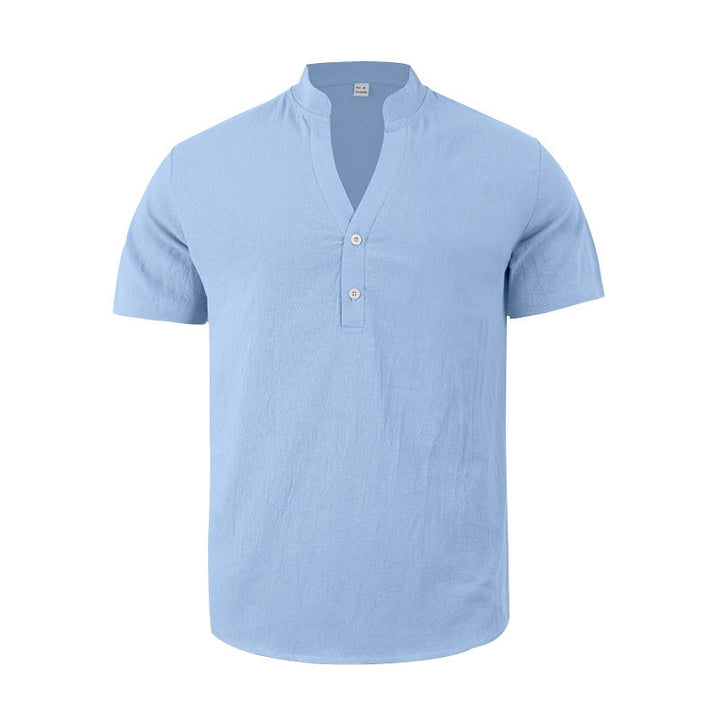 Camicia da uomo in lino con maniche corte e bottoni a metà lunghezza, tinta unita, motivo Buddha Stones - image 19