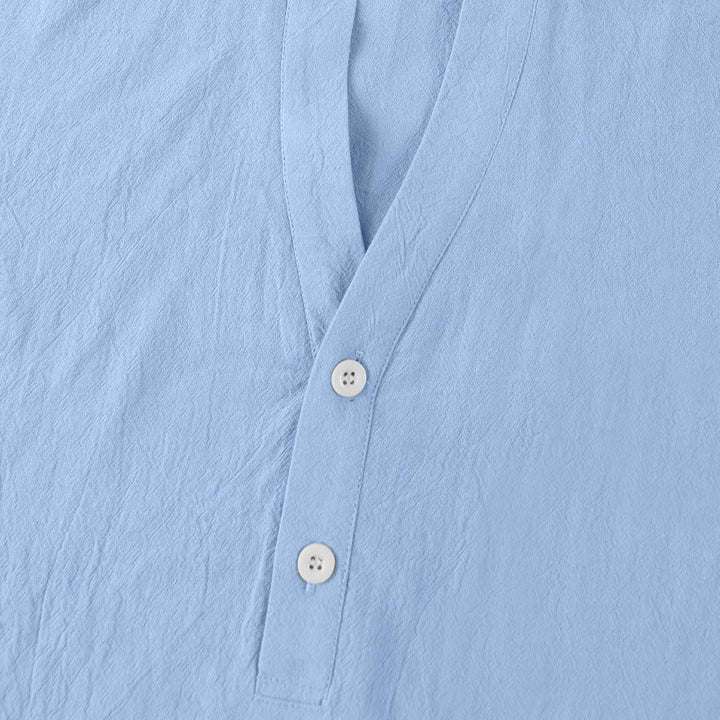Camicia da uomo in lino con maniche corte e bottoni a metà lunghezza, tinta unita, motivo Buddha Stones - image 22