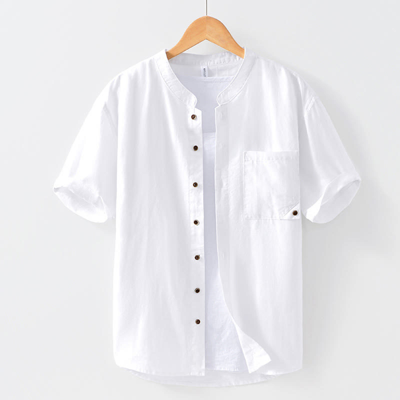 Camicia da uomo in lino e cotone ramiè con maniche corte e bottoni estivi Buddha Stones - Bianco - US/UK/AU42, EU52 (3XL) - image 8