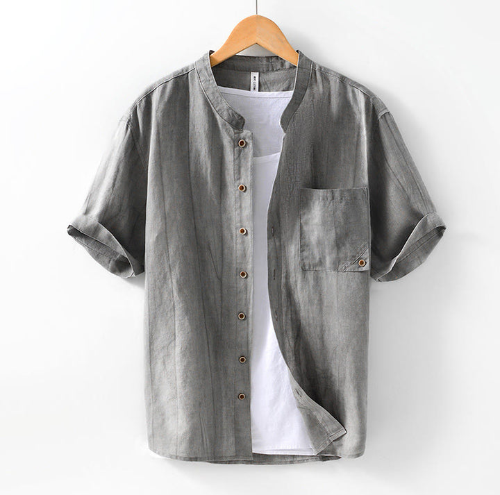 Camicia da uomo in lino e cotone ramiè con maniche corte e bottoni estivi Buddha Stones - Grigio scuro - US/UK/AU42, EU52 (3XL) - image 1