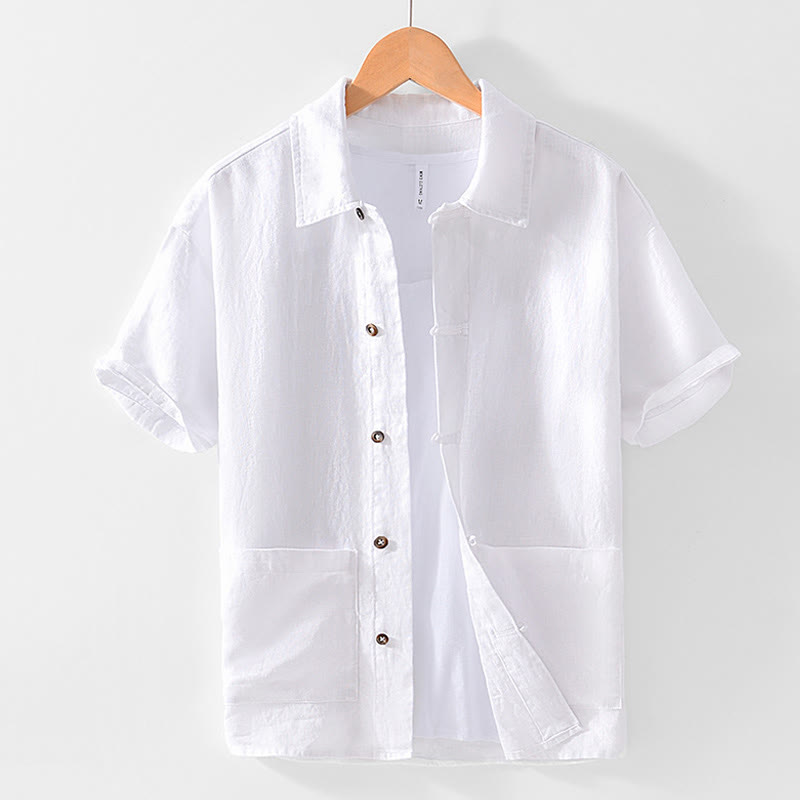Camicia da uomo in lino con tasche e bottoni, a maniche corte , Buddha Stones - Bianco - US/UK/AU42, EU52 (3XL) - image 8
