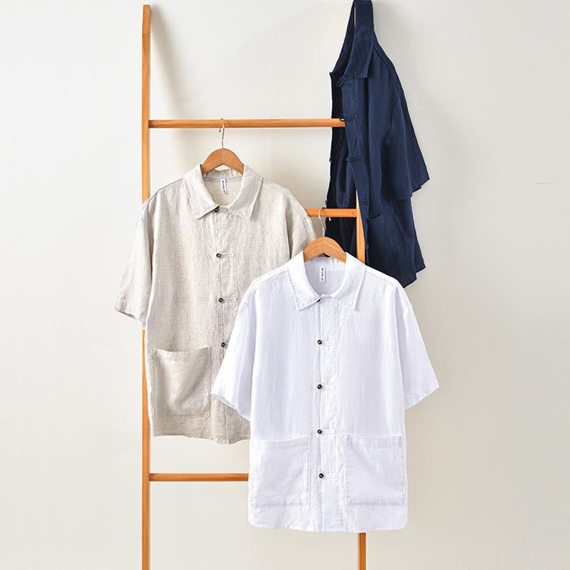 Camicia da uomo in lino con tasche e bottoni, a maniche corte , Buddha Stones - image 9