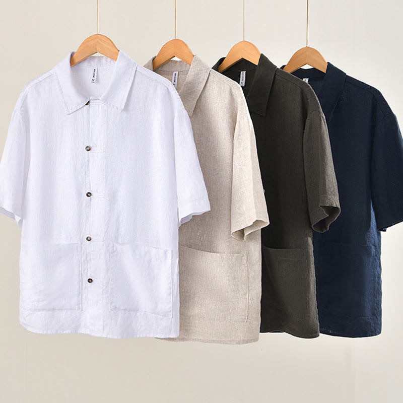 Camicia da uomo in lino con tasche e bottoni, a maniche corte , Buddha Stones - image 2