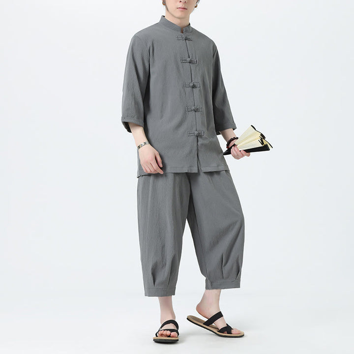 Set da uomo Buddha Stones, 2 pezzi, camicia con maniche a tre quarti, bottoni a rana e pantaloni - Grigio scuro - US/UK/AU46, EU56 (5XL) - image 1