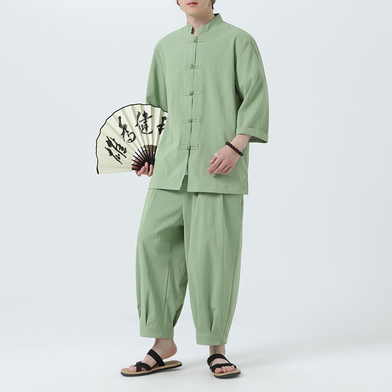 Set da uomo Buddha Stones, 2 pezzi, camicia con maniche a tre quarti, bottoni a rana e pantaloni - DarkSeaGreen - US/UK/AU46, EU56 (5XL) - image 36