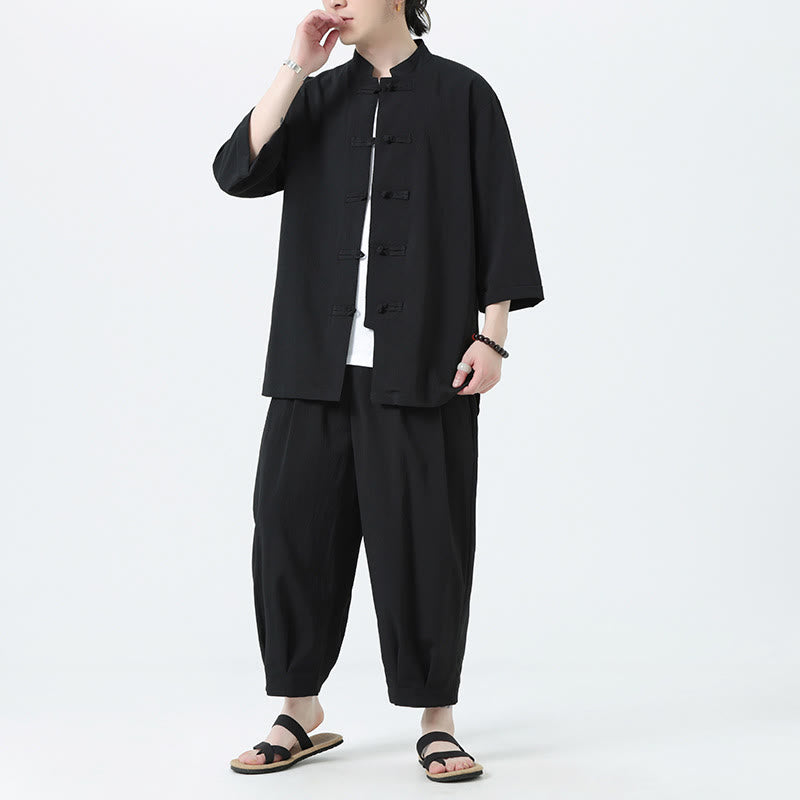 Set da uomo Buddha Stones, 2 pezzi, camicia con maniche a tre quarti, bottoni a rana e pantaloni - Nero - US/UK/AU46, EU56 (5XL) - image 20