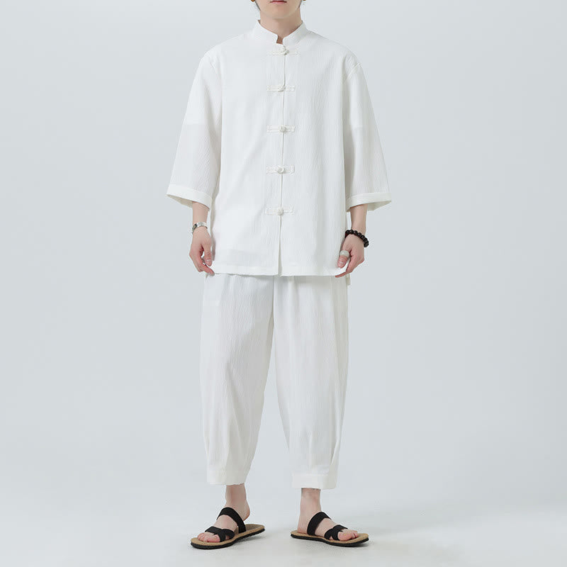 Set da uomo Buddha Stones, 2 pezzi, camicia con maniche a tre quarti, bottoni a rana e pantaloni - Bianco - US/UK/AU46, EU56 (5XL) - image 12