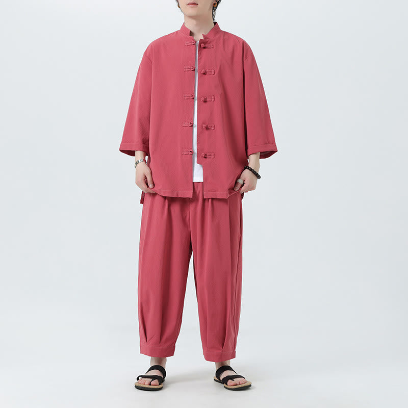 Set da uomo Buddha Stones, 2 pezzi, camicia con maniche a tre quarti, bottoni a rana e pantaloni - Corallo chiaro - US/UK/AU46, EU56 (5XL) - image 28
