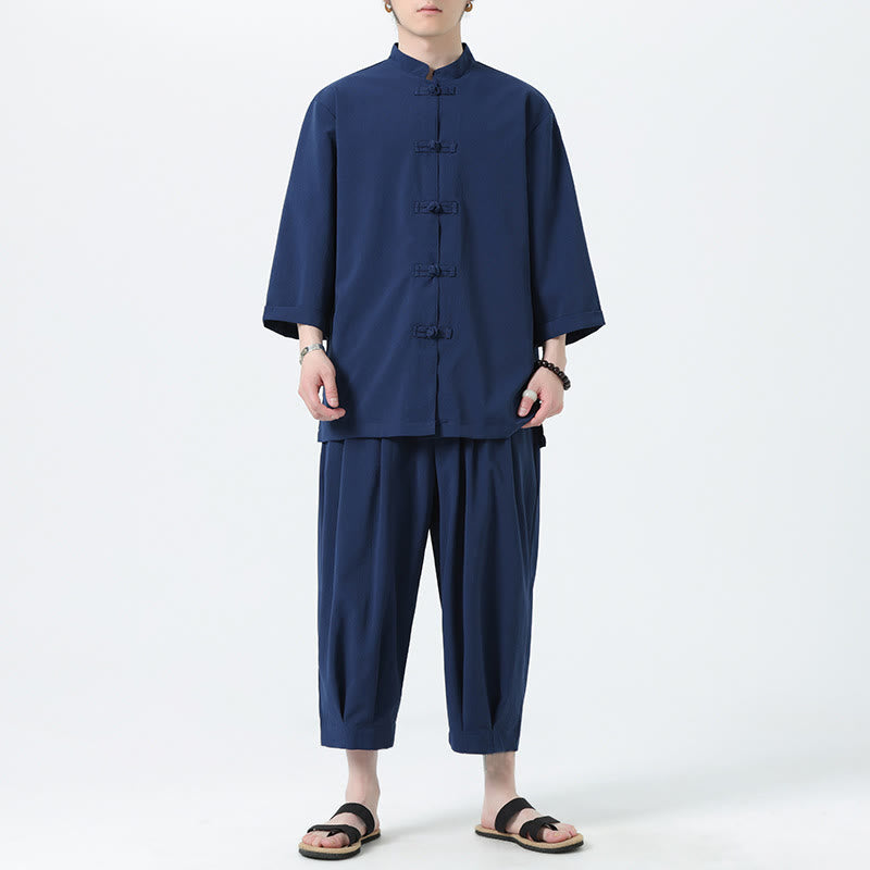 Set da uomo Buddha Stones, 2 pezzi, camicia con maniche a tre quarti, bottoni a rana e pantaloni - SteelBlue - US/UK/AU46, EU56 (5XL) - image 45
