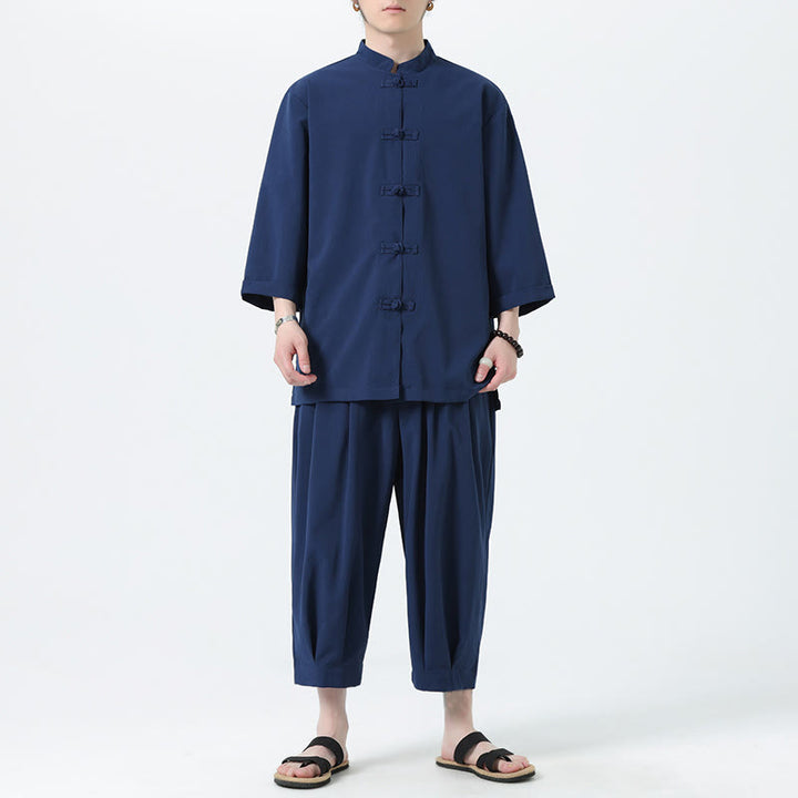 Set da uomo Buddha Stones, 2 pezzi, camicia con maniche a tre quarti, bottoni a rana e pantaloni - SteelBlue - US/UK/AU46, EU56 (5XL) - image 45