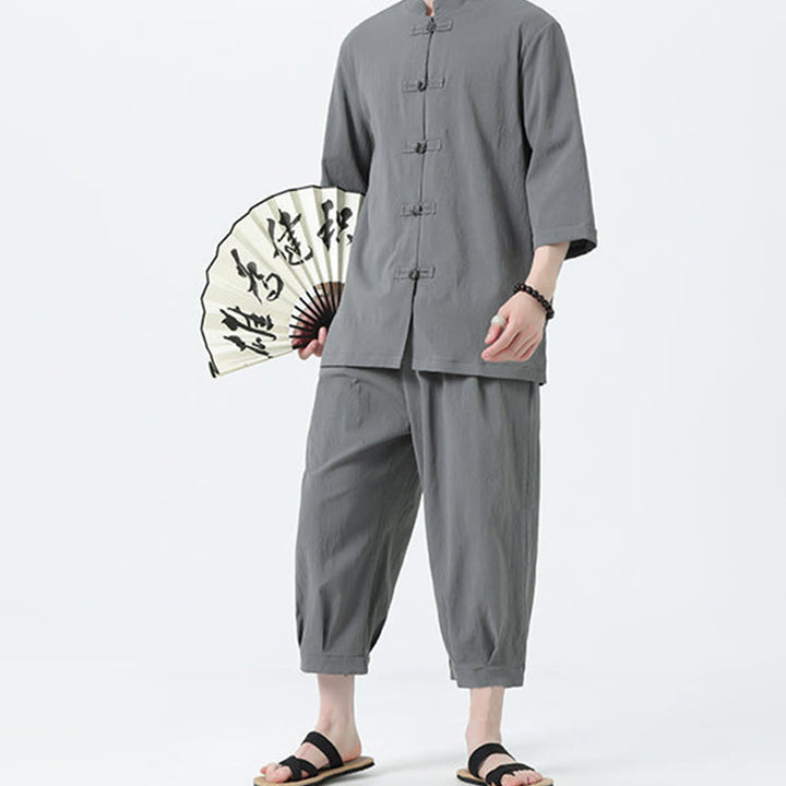 Set da uomo Buddha Stones, 2 pezzi, camicia con maniche a tre quarti, bottoni a rana e pantaloni - image 3