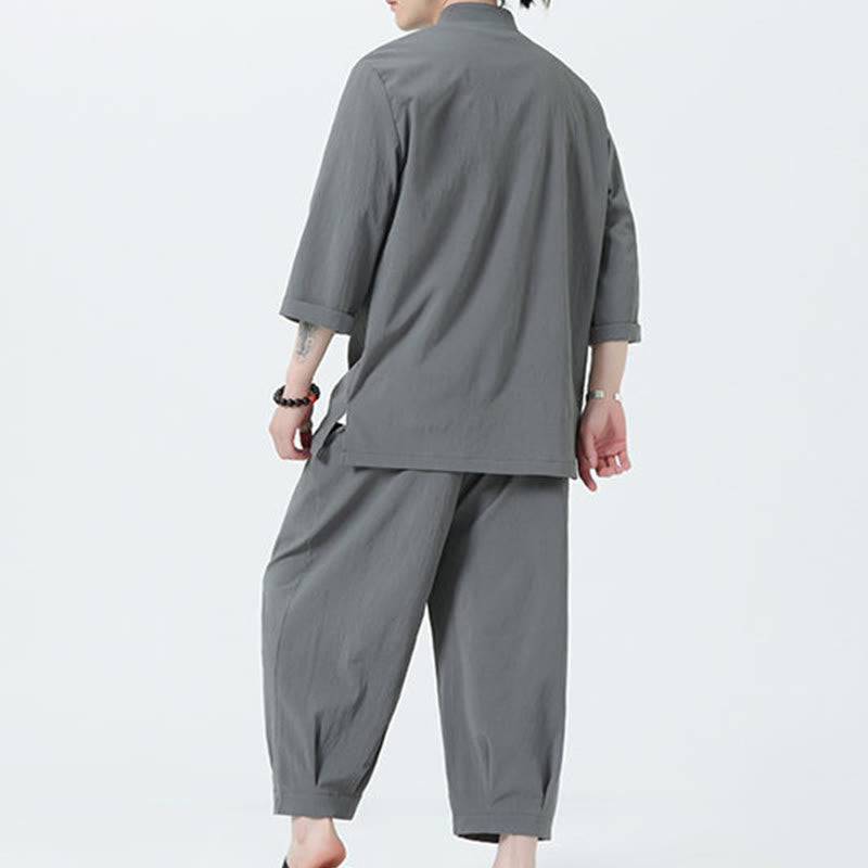 Set da uomo Buddha Stones, 2 pezzi, camicia con maniche a tre quarti, bottoni a rana e pantaloni - image 2