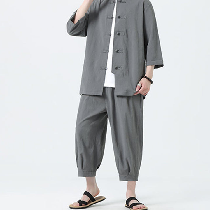 Set da uomo Buddha Stones, 2 pezzi, camicia con maniche a tre quarti, bottoni a rana e pantaloni - image 4