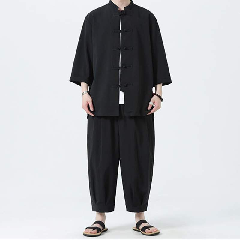 Set da uomo Buddha Stones, 2 pezzi, camicia con maniche a tre quarti, bottoni a rana e pantaloni - image 24