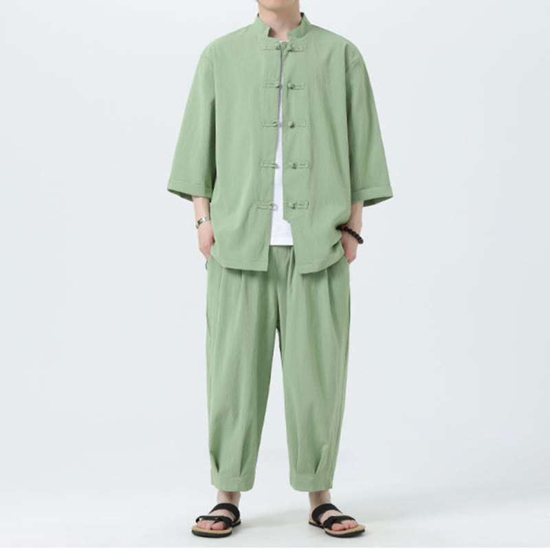 Set da uomo Buddha Stones, 2 pezzi, camicia con maniche a tre quarti, bottoni a rana e pantaloni - image 37