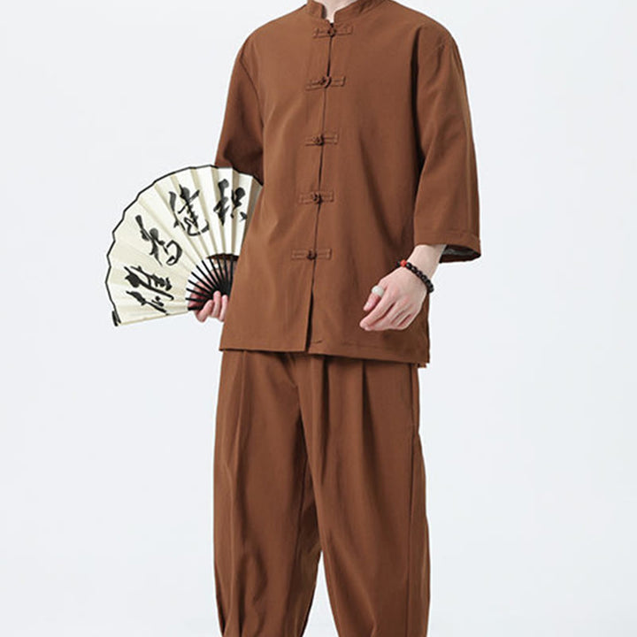 Set da uomo Buddha Stones, 2 pezzi, camicia con maniche a tre quarti, bottoni a rana e pantaloni - image 59