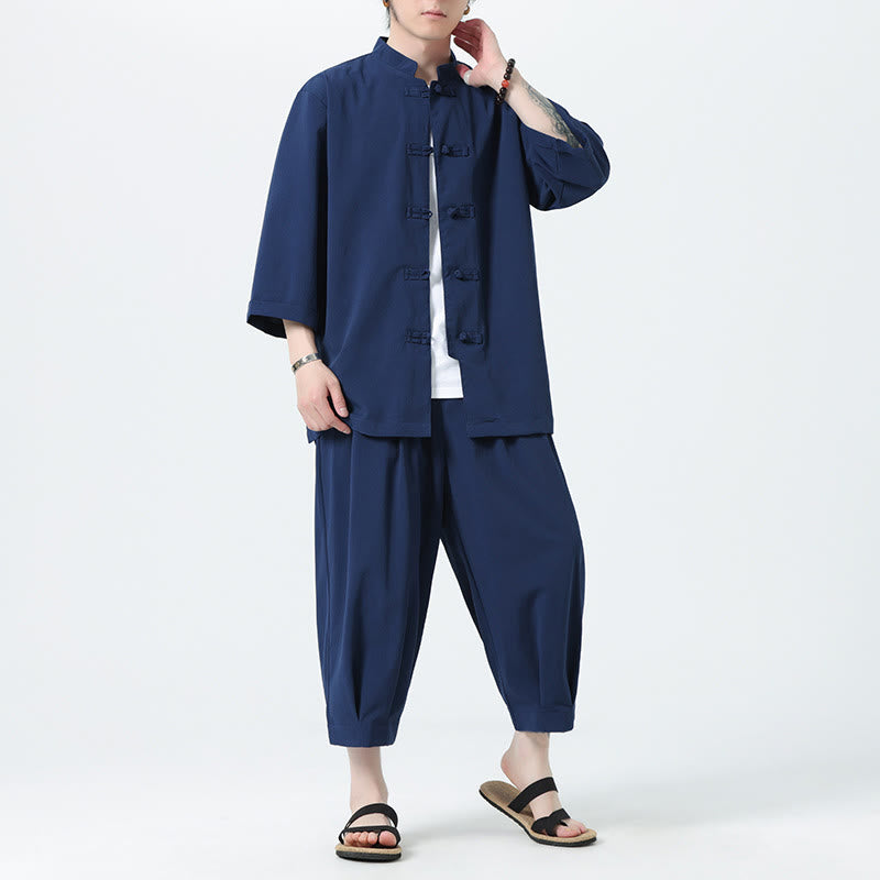 Set da uomo Buddha Stones, 2 pezzi, camicia con maniche a tre quarti, bottoni a rana e pantaloni - image 52