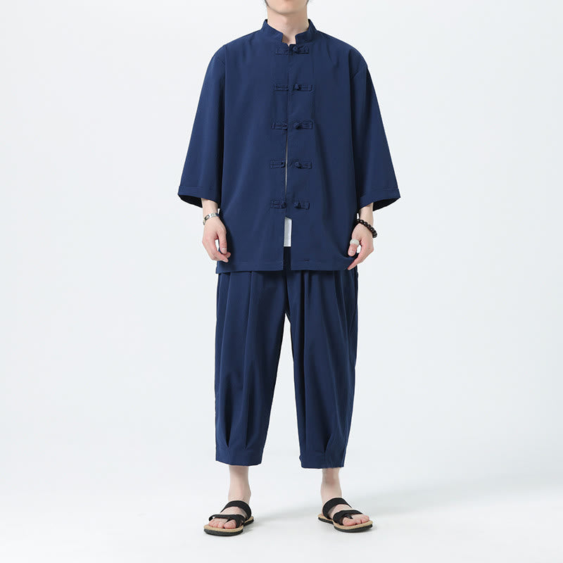 Set da uomo Buddha Stones, 2 pezzi, camicia con maniche a tre quarti, bottoni a rana e pantaloni - image 51