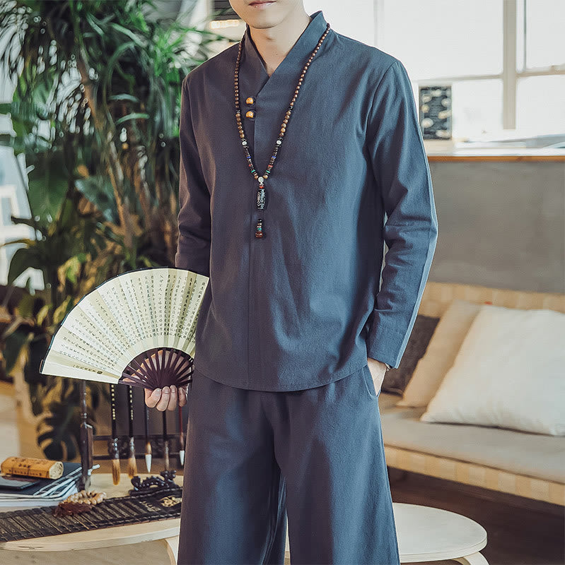 Set di 2 pezzi di stoffa per meditazione da uomo, con camicia in cotone e pantaloni alla caviglia con tasche, motivo Buddha Stones - image 41