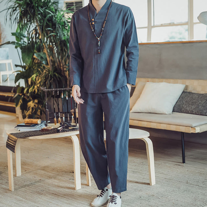 Set di 2 pezzi di stoffa per meditazione da uomo, con camicia in cotone e pantaloni alla caviglia con tasche, motivo Buddha Stones - SteelBlue - US/UK/AU46, EU56 (5XL) - image 35