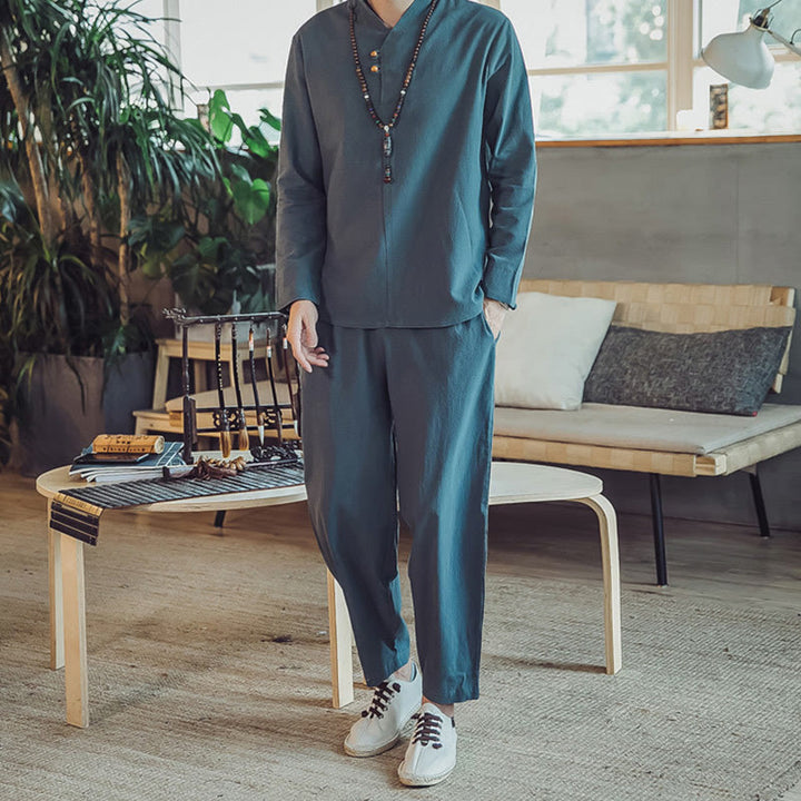 Set di 2 pezzi di stoffa per meditazione da uomo, con camicia in cotone e pantaloni alla caviglia con tasche, motivo Buddha Stones - Verde acqua - US/UK/AU46, EU56 (5XL) - image 19