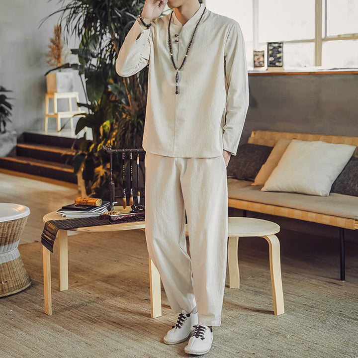 Set di 2 pezzi di stoffa per meditazione da uomo, con camicia in cotone e pantaloni alla caviglia con tasche, motivo Buddha Stones - image 1