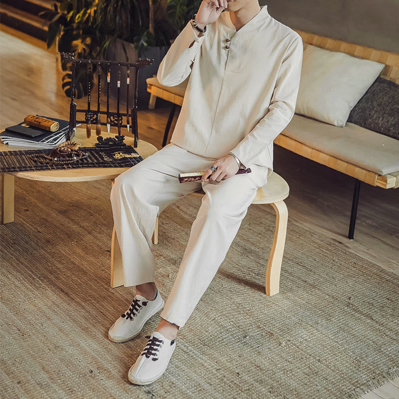 Set di 2 pezzi di stoffa per meditazione da uomo, con camicia in cotone e pantaloni alla caviglia con tasche, motivo Buddha Stones - image 4