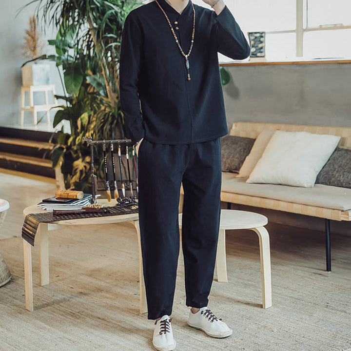 Set di 2 pezzi di stoffa per meditazione da uomo, con camicia in cotone e pantaloni alla caviglia con tasche, motivo Buddha Stones - image 11