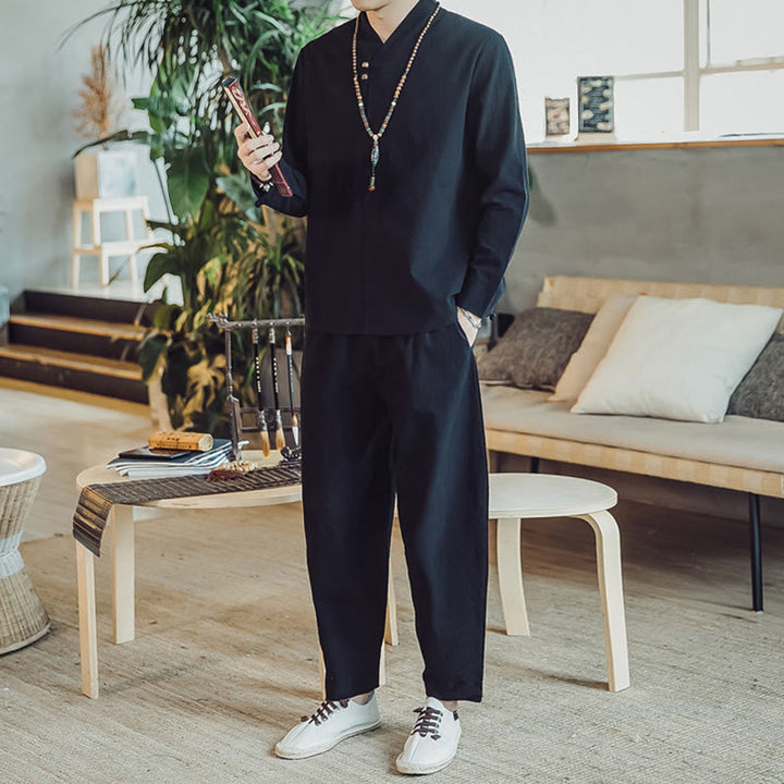 Set di 2 pezzi di stoffa per meditazione da uomo, con camicia in cotone e pantaloni alla caviglia con tasche, motivo Buddha Stones - image 11