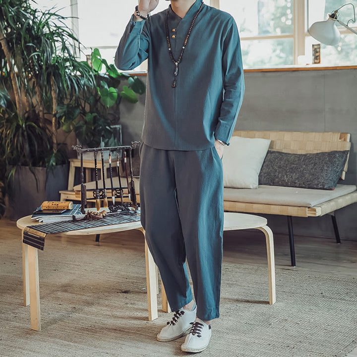Set di 2 pezzi di stoffa per meditazione da uomo, con camicia in cotone e pantaloni alla caviglia con tasche, motivo Buddha Stones - image 22