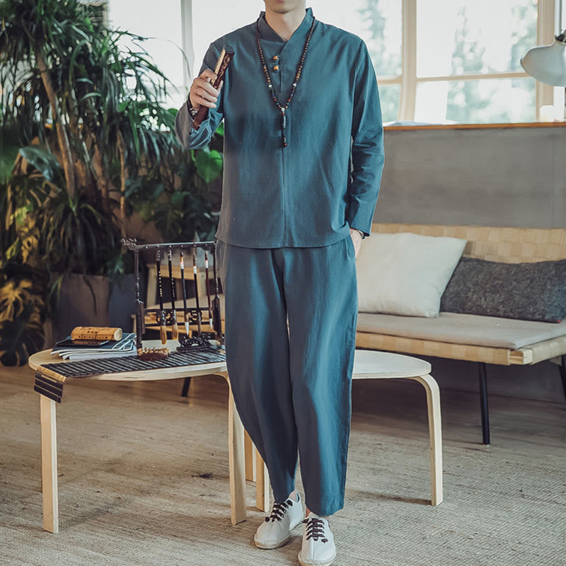 Set di 2 pezzi di stoffa per meditazione da uomo, con camicia in cotone e pantaloni alla caviglia con tasche, motivo Buddha Stones - image 19