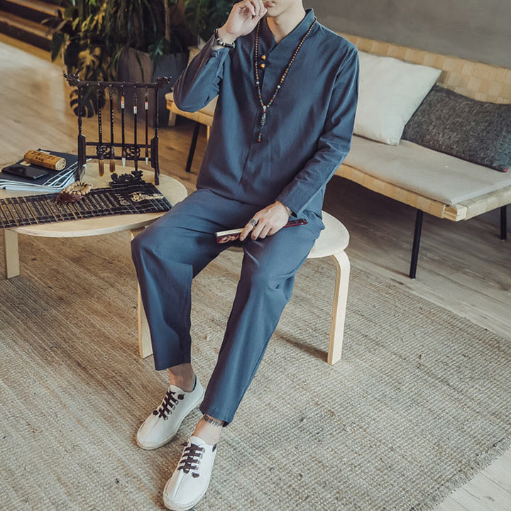 Set di 2 pezzi di stoffa per meditazione da uomo, con camicia in cotone e pantaloni alla caviglia con tasche, motivo Buddha Stones - image 38