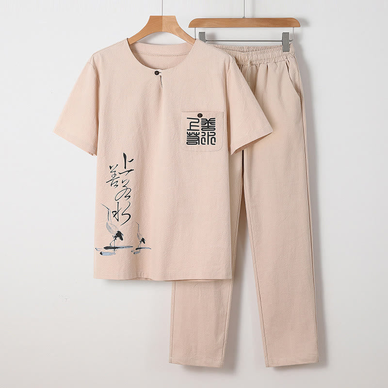 Set di 2 pezzi Buddha Stones, caratteri cinesi, gru, camicia in cotone, pantaloni con tasche, panno da meditazione per uomo - Biscotto - US/UK/AU46, EU56 (5XL) - image 2