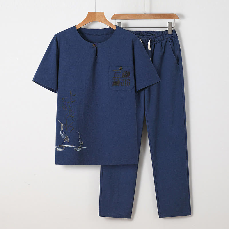 Set di 2 pezzi Buddha Stones, caratteri cinesi, gru, camicia in cotone, pantaloni con tasche, panno da meditazione per uomo - SteelBlue - US/UK/AU46, EU56 (5XL) - image 6