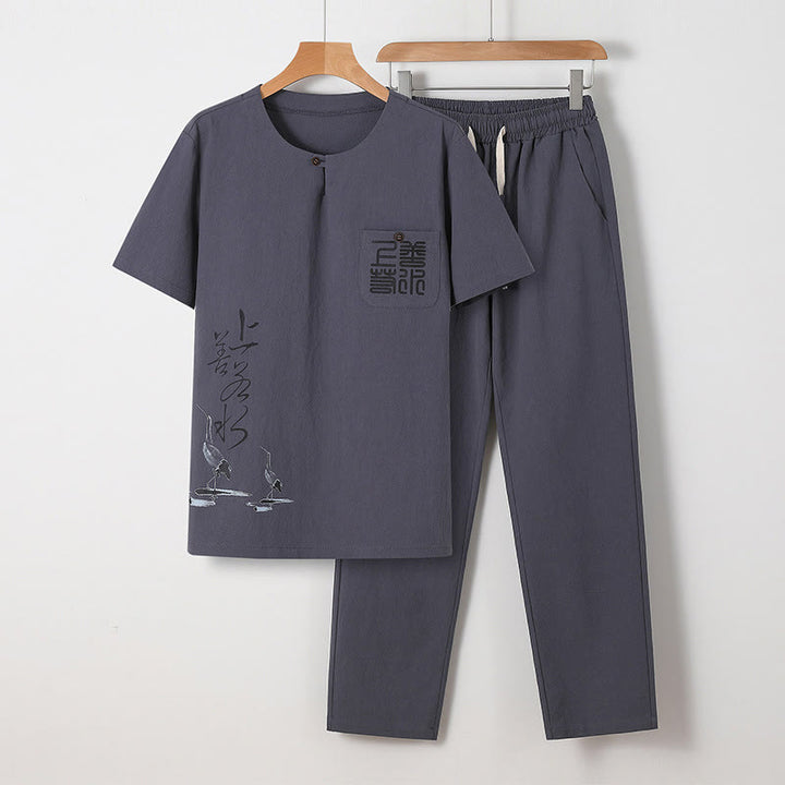 Set di 2 pezzi Buddha Stones, caratteri cinesi, gru, camicia in cotone, pantaloni con tasche, panno da meditazione per uomo - Grigio - US/UK/AU46, EU56 (5XL) - image 18