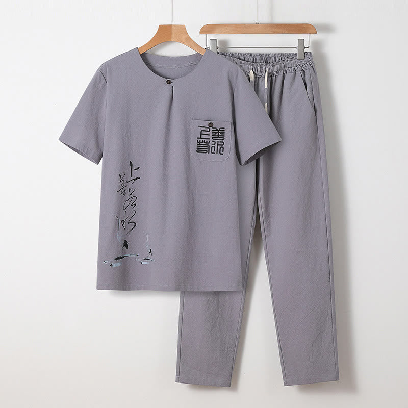 Set di 2 pezzi Buddha Stones, caratteri cinesi, gru, camicia in cotone, pantaloni con tasche, panno da meditazione per uomo - Grigio chiaro - US/UK/AU46, EU56 (5XL) - image 0
