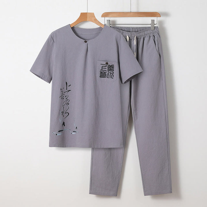 Set di 2 pezzi Buddha Stones, caratteri cinesi, gru, camicia in cotone, pantaloni con tasche, panno da meditazione per uomo - Grigio chiaro - US/UK/AU46, EU56 (5XL) - image 0