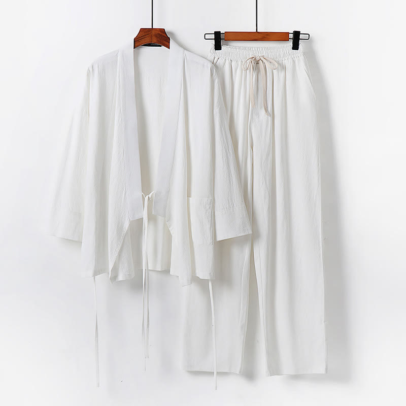 Set di 2 pezzi con pantaloni kimono in cotone e lino con lacci e tasche, ideale per la meditazione maschile, con motivo Buddha Stones. - Bianco - US/UK/AU54, EU64 (9XL) - image 1