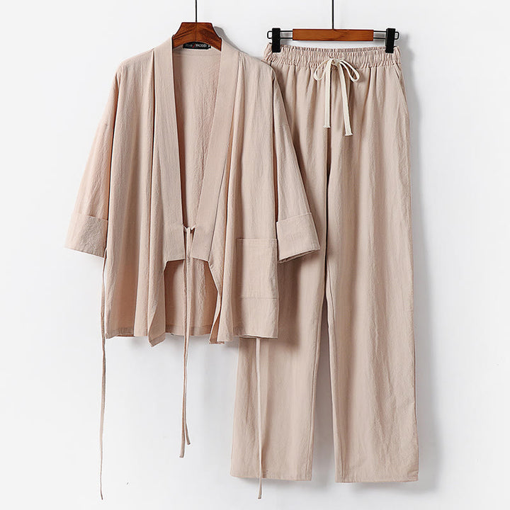 Set di 2 pezzi con pantaloni kimono in cotone e lino con lacci e tasche, ideale per la meditazione maschile, con motivo Buddha Stones. - Grano - US/UK/AU54, EU64 (9XL) - image 9